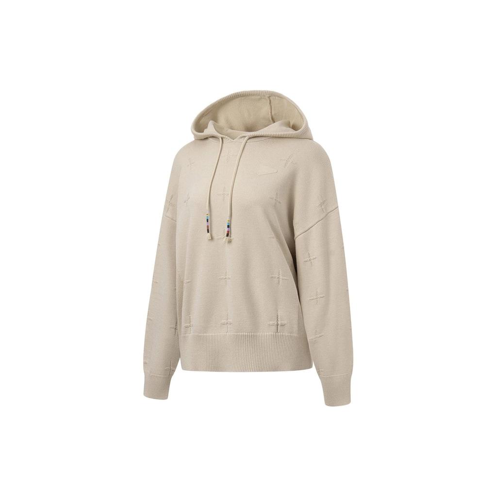 Li Ning Solid Color Loose Fit Hooded Pullover Long Sleeve Knit Sweater Women Sweater Light-Milk-Brown AMBT050-1