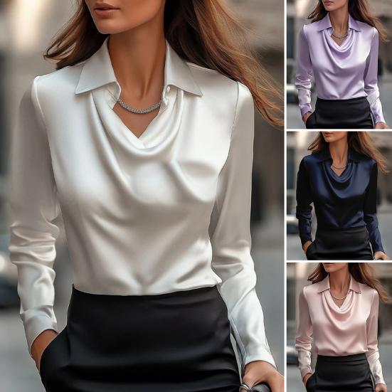 Women Shirt Lapel Swing Collar Long Sleeve Casual Loose Fit Shirt Solid Color Versatile Smooth Satin Shirt Daily Wear