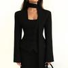 Women's Black Tailored Blazer with Detachable Scarf, Single-Breasted Slim Fit Jacket