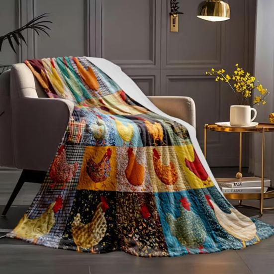 Плед с принтом «клетка», петух, фермерский дом, флисовое одеяло, винтажный принт с курицей, уютное одеяло-плед, фермерское лоскутное одеяло для дома, кровати, дивана, подарок на новоселье