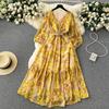 Autumn Vintage Women Floral Midi Dress Elegant V-Neck Lantern Long Sleeve Ruffle Hem A-Line New Dresses For Woman