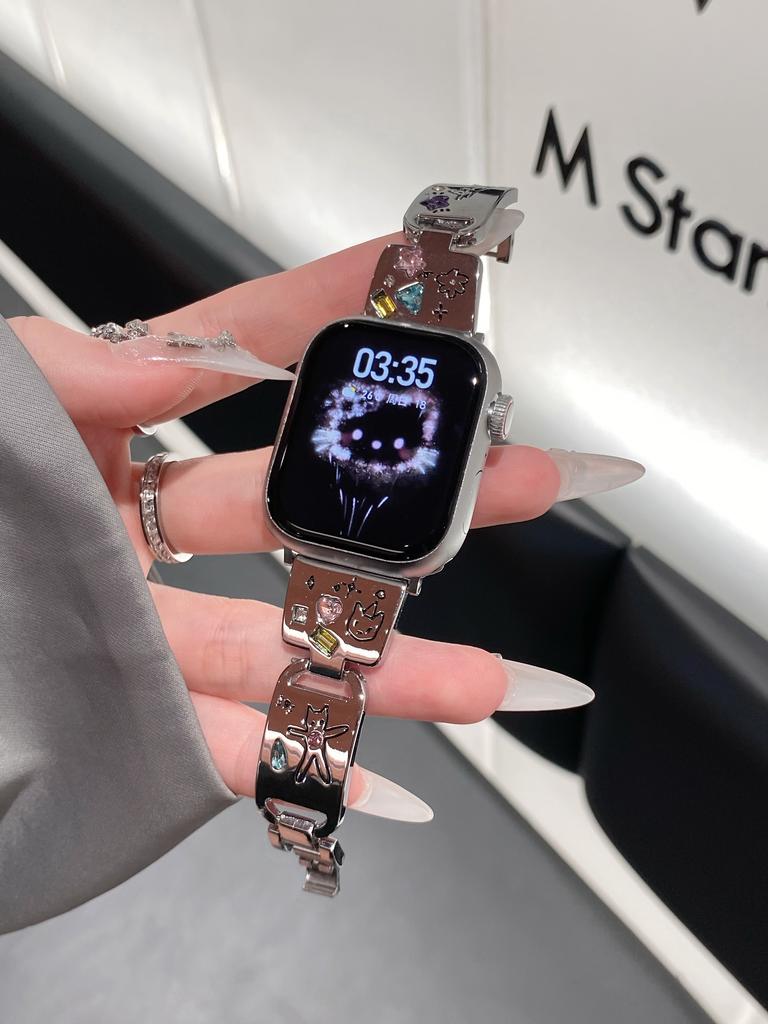 Cute Cat Glossy Metal Band For iWatch Ultra 9 8 7 42mm 45mm 49mm Diamond Bracelet Strap For Apple Watch 38mm 40mm 41mm 6 5 SE 4