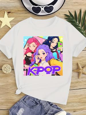 Женская футболка с графическим принтом в стиле K-pop Huntrix, мультяшный дизайн, персонаж с розовыми волосами, синий кот, цветочные акценты, повседневная, с коротким рукавом