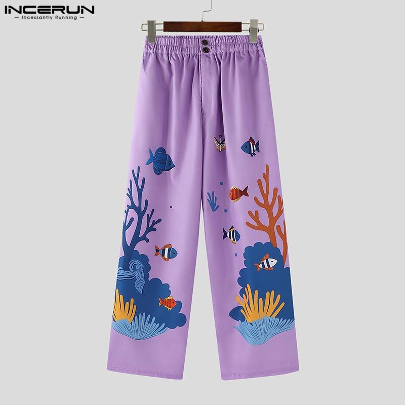 INCERUN Мужские повседневные свободные длинные брюки с принтом и эластичной талией, с карманами