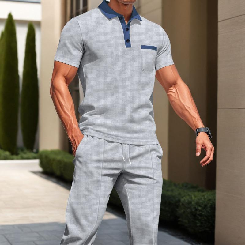 Мужской светло-серый комплект из вафельного поло и брюк-джоггеров с контрастной синей отделкой Повседневный спортивный костюм из 2 предметов