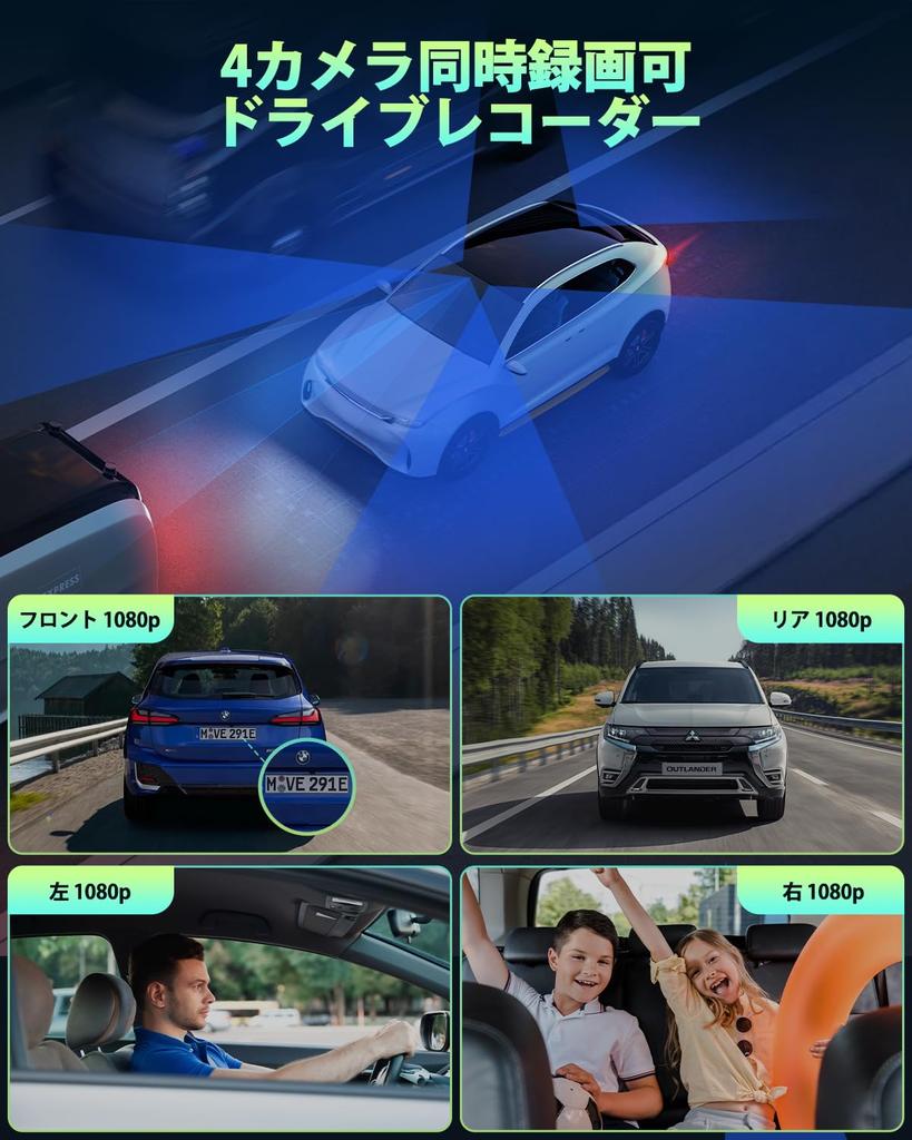 LAMTTO 4 камеры, Видеорегистратор, 4 камеры, Одновременная запись, 3,16-дюймовый ЖК-экран, 360° всенаправленный