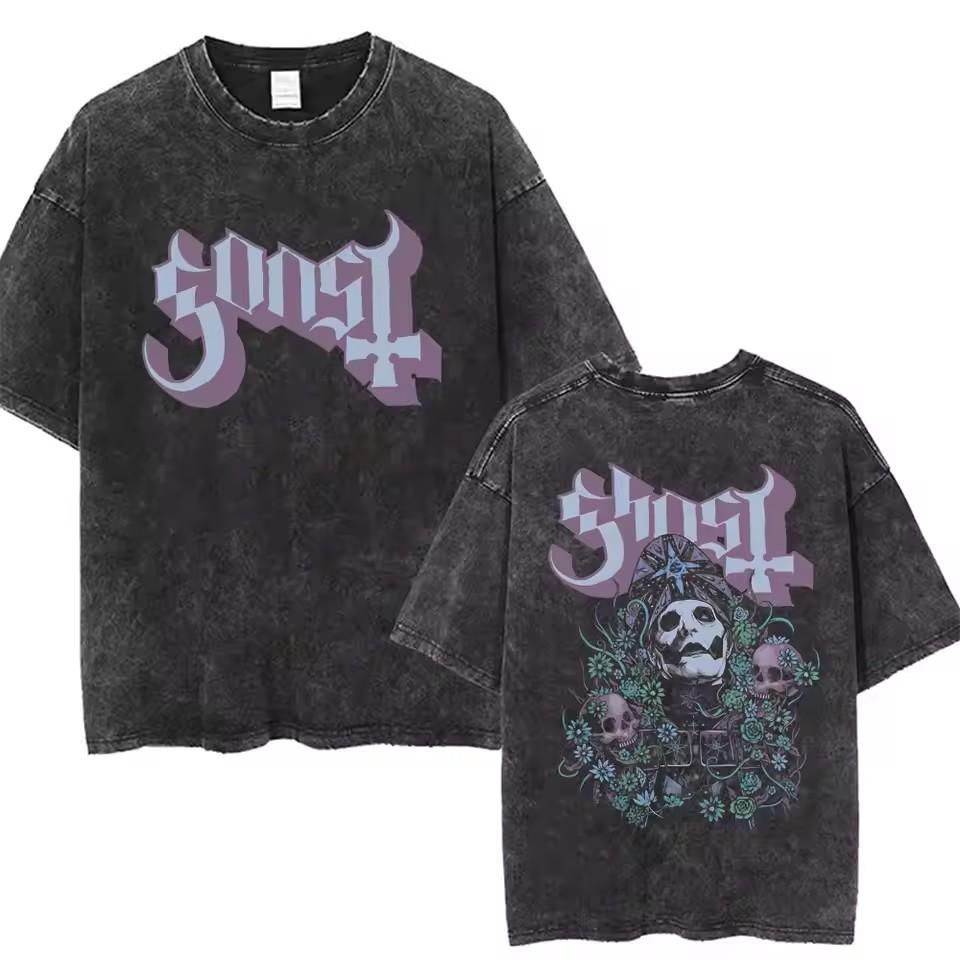 Футболка Ghost Band в винтажном стиле "Sweed Vintage Skeleton Rock" с короткими рукавами и круглым вырезом, посвященная проблеме 2000-х годов. Мужская одежда в категории "Футболки".