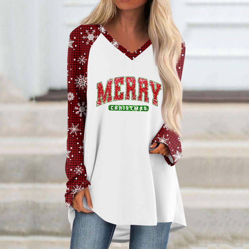 Women's Autumn And Winter Long Sleeved V-neck Christmas Printing Casual Long Loose T-shirt Top