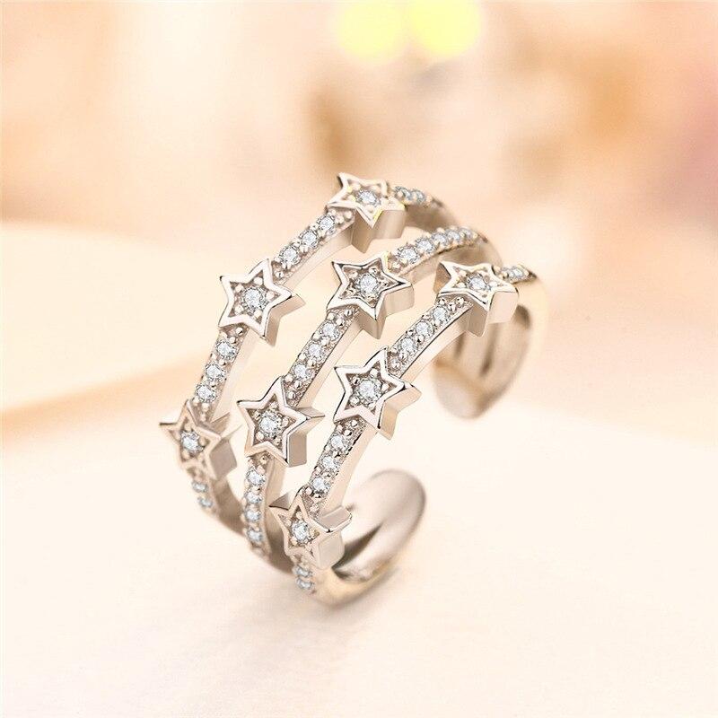 Элегантные многослойные геометрические кольца из стерлингового серебра 925 пробы со сверкающими кристаллами и звездами для женщин, модные украшения для вечеринок S-R176