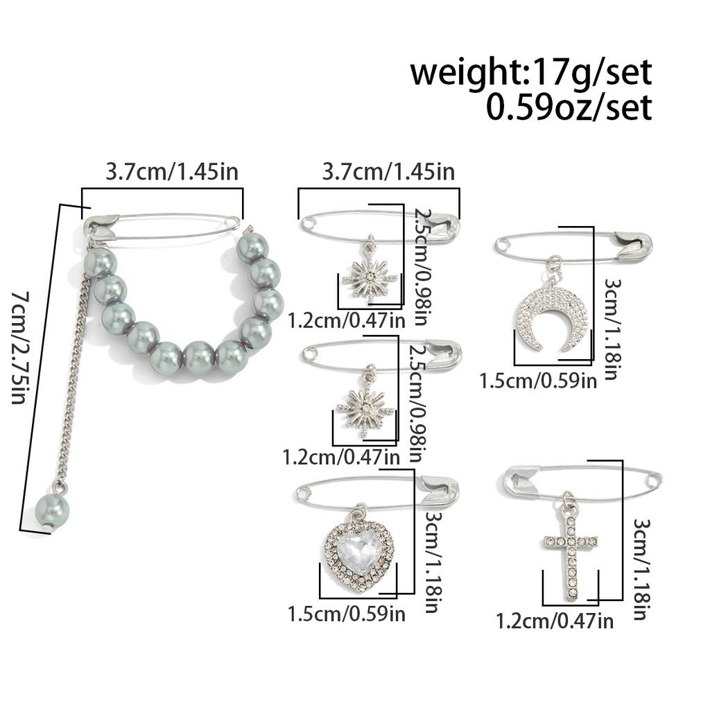 6 шт./набор Элегантная брошь из искусственного жемчуга Женский тренд Солнце Луна Любовь Сердце Крест Подвеска Булавка Одежда DIY Ювелирный аксессуар