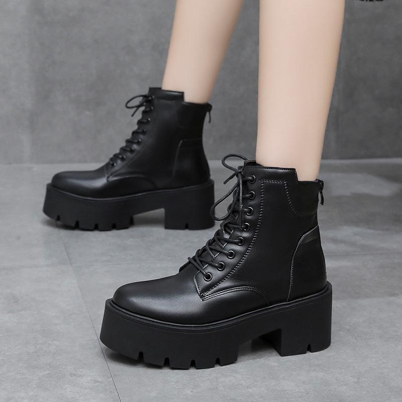 Autumn Winter Ankle Boots for Women Fashion Motorcycle Boots Chunky Heels Casual Lacing Round Toe Platform Boots Shoes Female