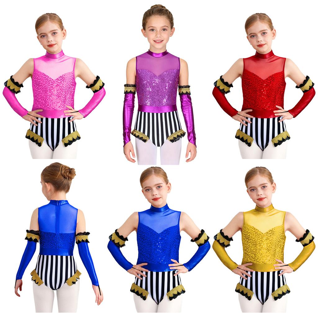Girls Circus Costume Set Shiny Sequins Mock Neck Sleeveless Jumpsuit Matched Metallic Over Sleeve