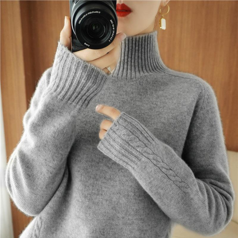 Осень-зима, полувысокий воротник, свитера, женские, модные, с длинным рукавом, повседневные, теплые, вязаные, женские, элегантные, однотонные, тонкие джемперы 25397