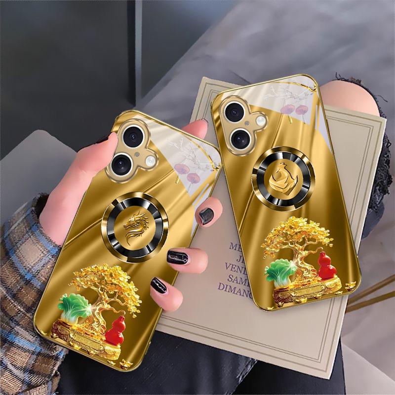 Дерево Сокровищ с Головой Лошади для iPhone 16E 15 Pro 14 13 Plus 12 mini 11 15Pro 14Max 13Plus XR Xs 16 Pro Max Золотой стеклянный чехол для телефона