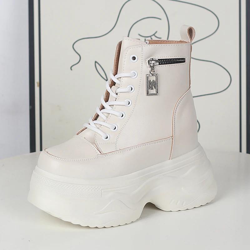 Модные 12 см кроссовки на платформе и танкетке из натуральной кожи, весна-осень, ботильоны до щиколотки, женские ботильоны смешанных цветов на скрытой платформе