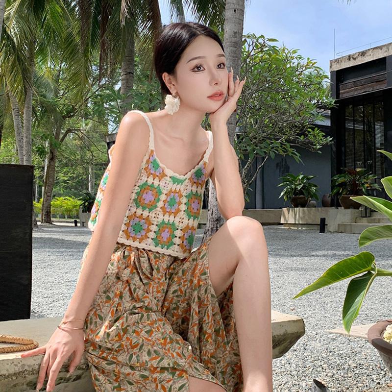 Модный бохо-стиль сексуальный вышитый крючком цветочный топ вязаный слинг пляжный бикини бюстгальтер жилет