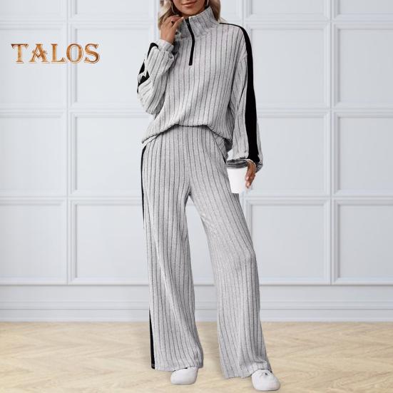 2 шт./комплект женский топ и брюки комплект с застежкой-молнией и воротником-стойкой, длинные рукава, однотонная толстовка с эластичной резинкой на талии, широкие спортивные штаны, спортивный наряд на осень