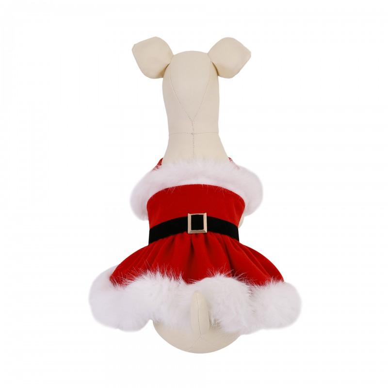 Christmas Plush Trim Dog Dress With Bow Headwear Teddy Bichon Holiday Party Pet Costume