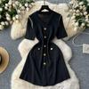 Spring Autumn Women Elegant V-neck Black Mini Short Office Work Knitted Sweater Sheath Dresses