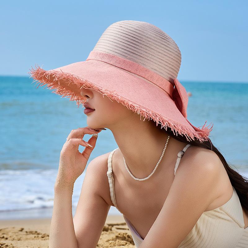 Summer Big Eaves Sunscreen Hat Women'S Big Eaves Straw Hat Vacation Wind Sunscreen Visor Travel Bow Bucket Hat