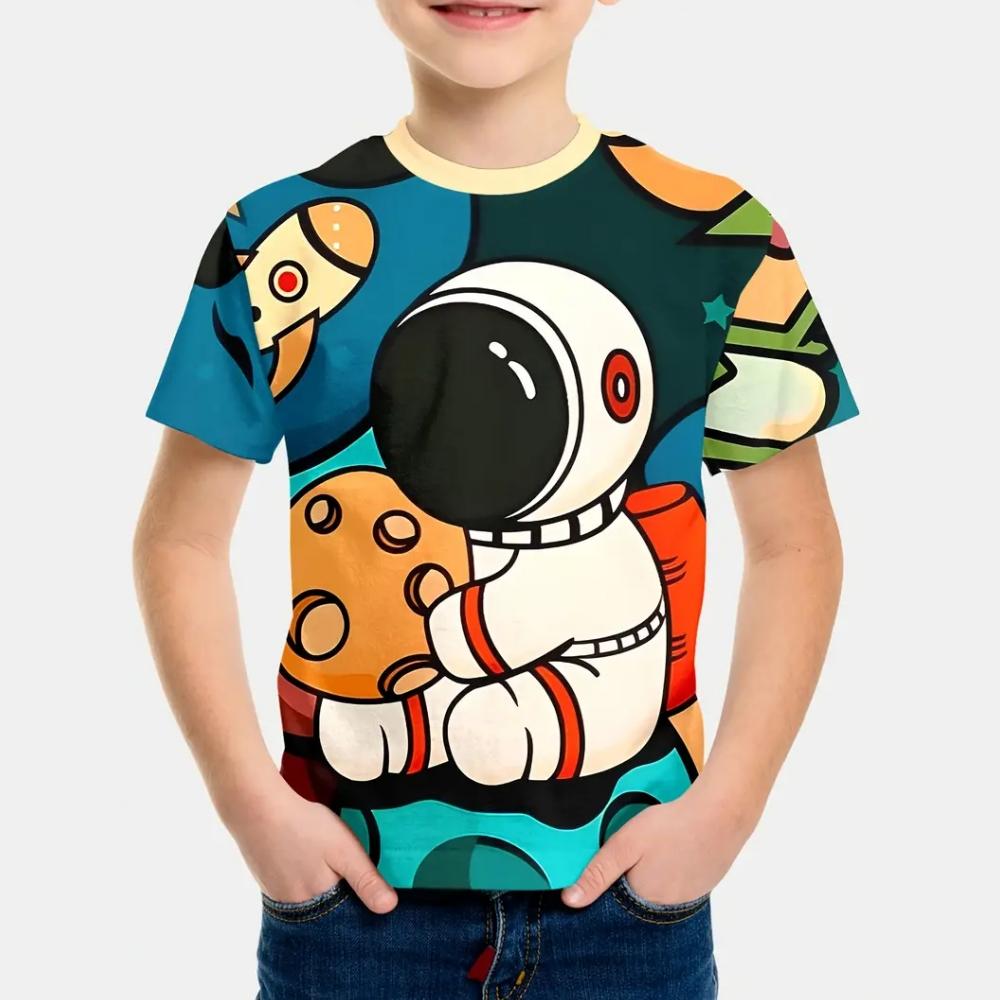 Summer Round Neck 3D Printed Cartoon Astronaut Pattern Top Fashionable Casual Short Sleeved Children's Boy T-shirts