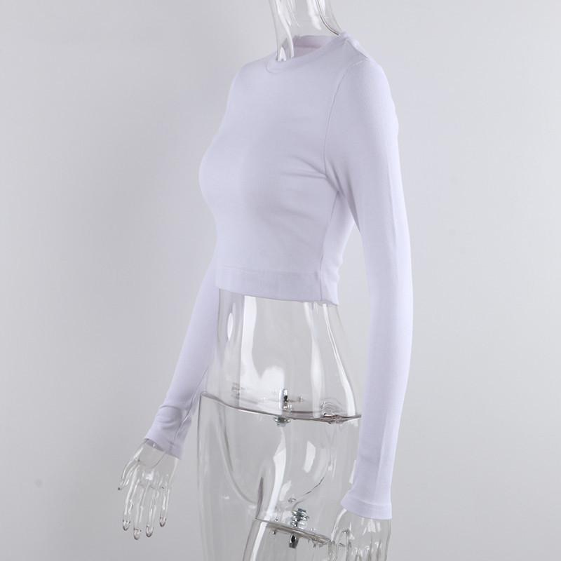 Рубашка с длинным рукавом с круглым вырезом, женские сексуальные укороченные топы в рубчик, весенние черные повседневные узкие тонкие базовые женские футболки, белые