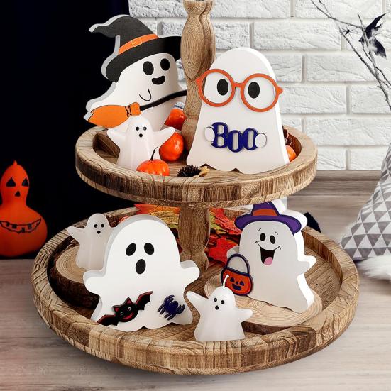 Cute Wooden Ghost Signs Halloween Indoor Tiered Tray Decor Ghost Theme Tabletop Centerpiece for Party Home Kitchen Shelf Decor