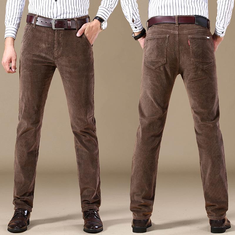 Men's Fall and Winter Mid-waist Stretch Commuter Pants Corduroy Straight Casual Pants