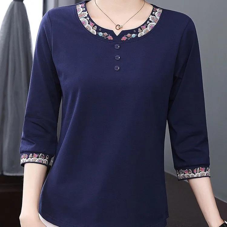 Женская ретро футболка со средним рукавом и вышивкой для среднего возраста, удобные повседневные топы