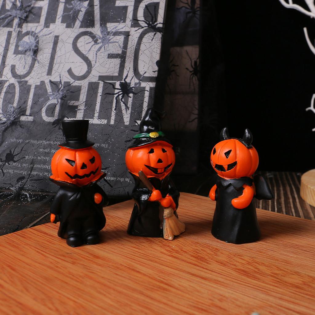 Halloween Resin Material Demon Miniature Figures With Pumpkin And Broom For Festive Setting