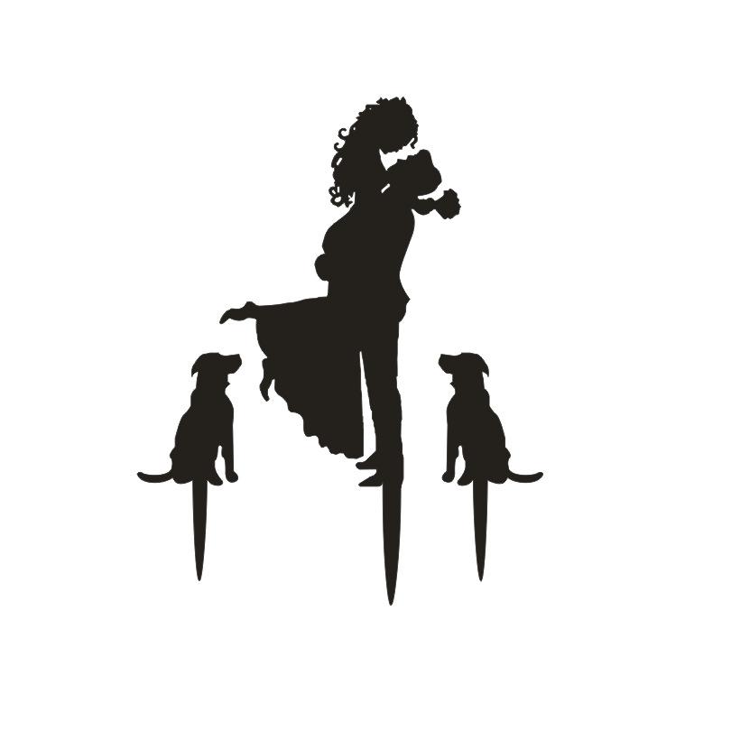Black Wedding Cake Topper - Bride Hold Groom with Flowers Besides 2 Pet Dogs Silhouette Cake Decoration