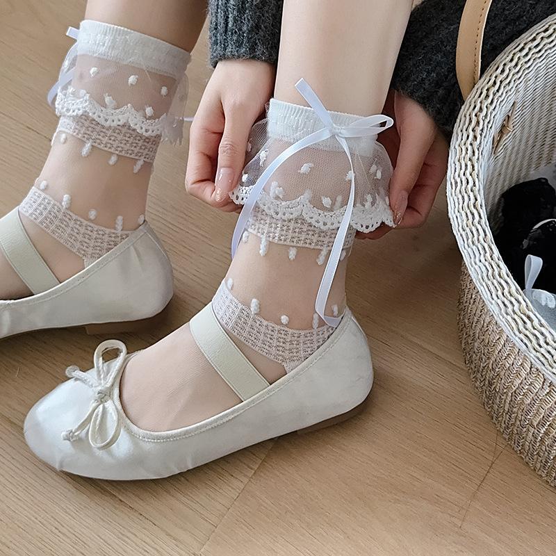 3-6pcs Glass Stockings Children's Spring and Summer Thin Lace Lace Lace Mid Tube Socks Sweet Bow Polka Dots