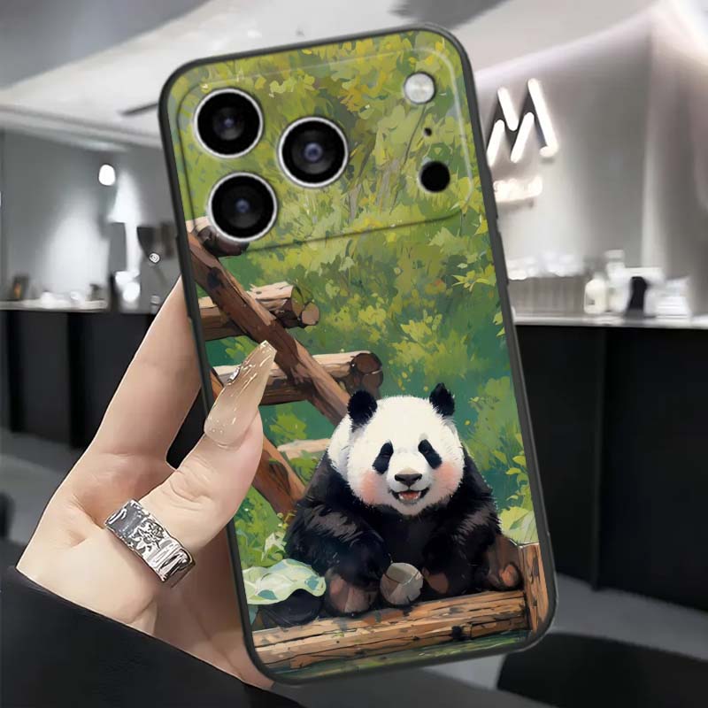 Мультяшный Аниме Панда Милый Для Apple iPhone 17 16 16E 15 14 13 12 11 Pro Max Plus Черный Мягкий Силиконовый Чехол для Телефона