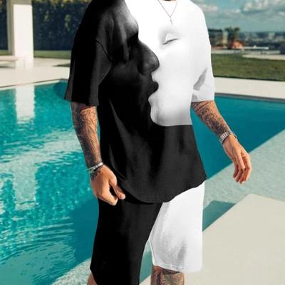 Летняя мужская новая футболка большого размера, свободная одежда, ретро, ​​с коротким рукавом, модный черно-белый топ с 3D узором для лица, уличный топ с 0 вырезом