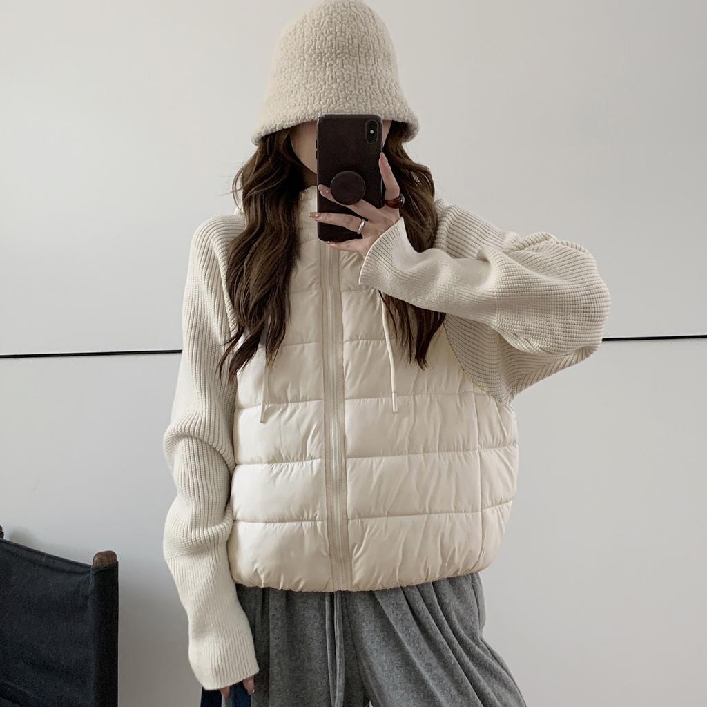 Winter trendy coat padded jacket splicing new European down padded jacket thin knitted hooded padded jacket women's short