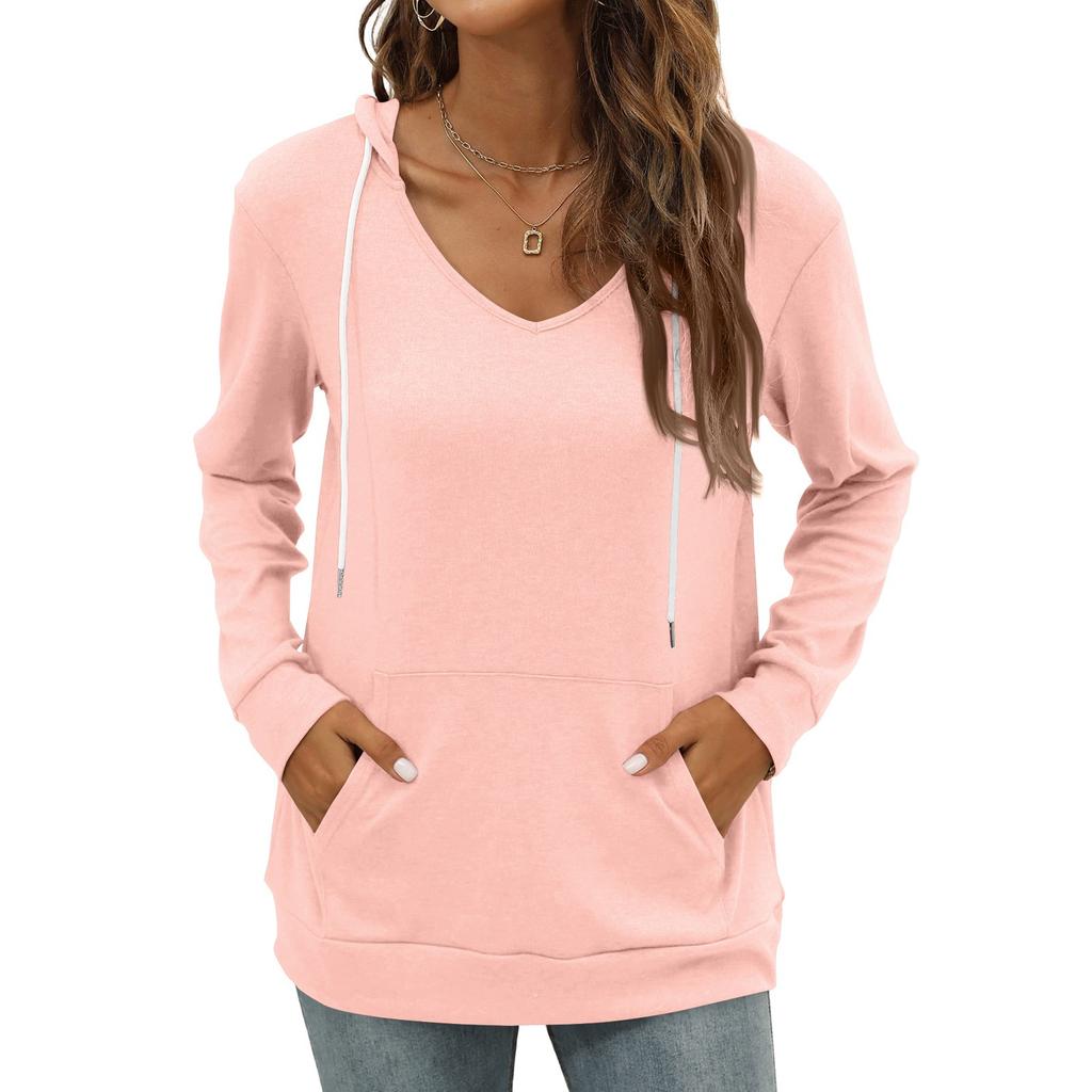 Women's Fashion Casual V Neck Long Sleeve Solid Color Pocket Drawstring Hooded Top