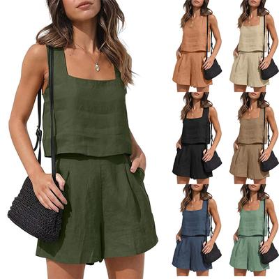 Женские летние однотонные комплекты из 2 предметов, шорты, укороченный топ без рукавов, майка и шорты с высокой талией