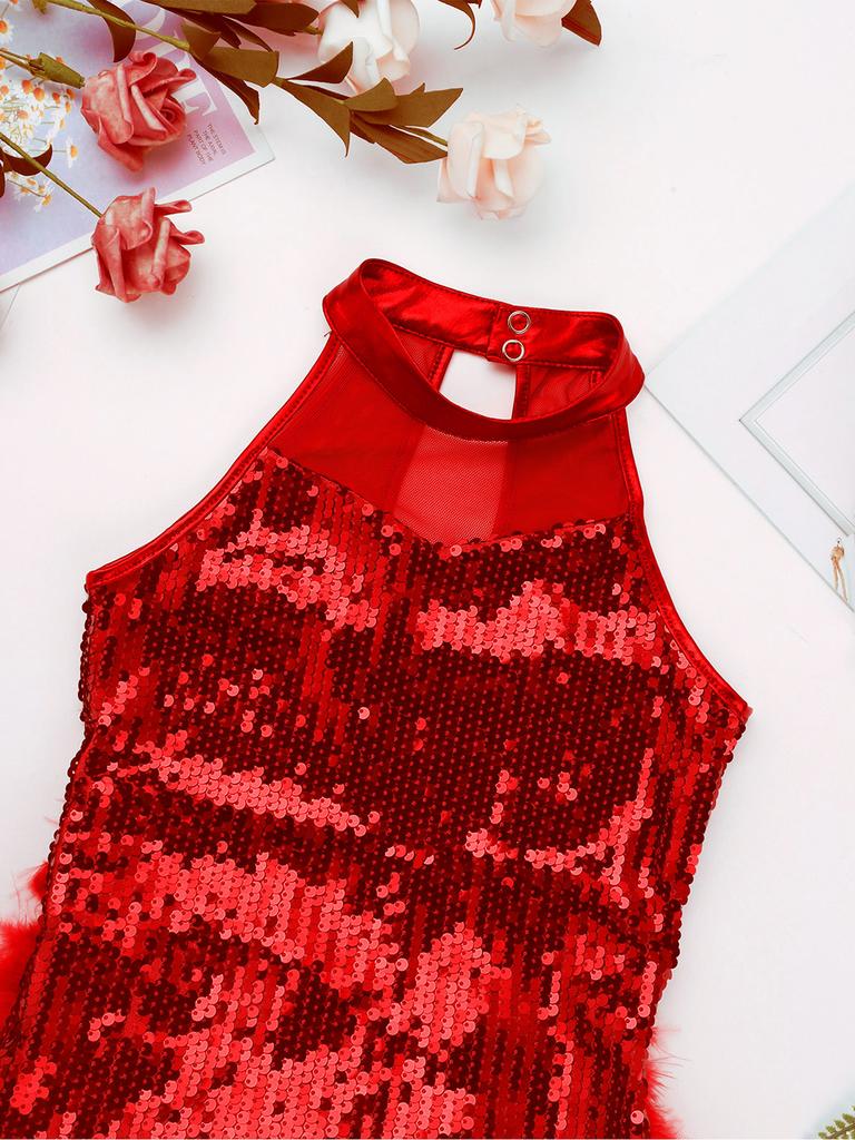 Детская одежда для джазовых латиноамериканских танцев для девочек, блестящие блестки, без рукавов, балетный танцевальный костюм, трико, комбинезон