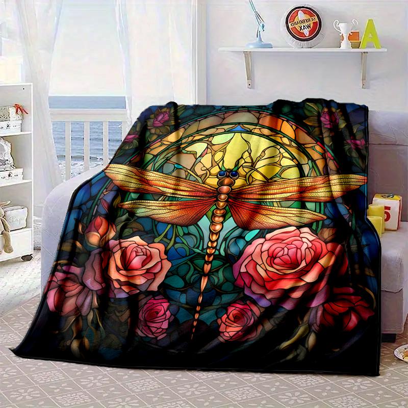 Stained Glass Dragonfly Garden Blanket Flannel Blanket for bed, sofa, Camping, Hiking, Picnic Essentials, gift for family Fan gifts