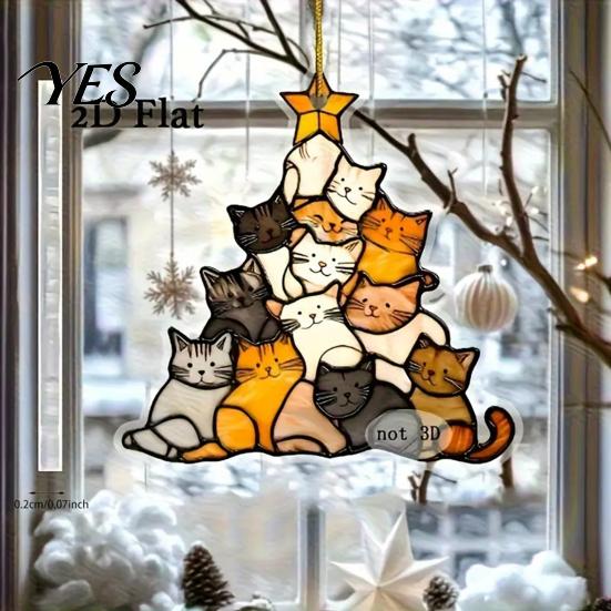 Stained Glass Style Ornament Christmas Suncatcher, Window Hanging Ornament, Cute Cat Santa Claus Art Snowman Sun Catchers for Tree Porch Garden Decor