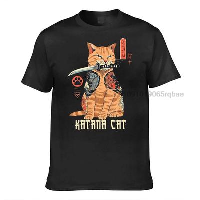 Japanese Style Cat Samurai Sword Cotton Top T Shirt Cool Ptinted Top T Shirts Street Funny Camisas Hombre Top Unisex Rock Tshirts
