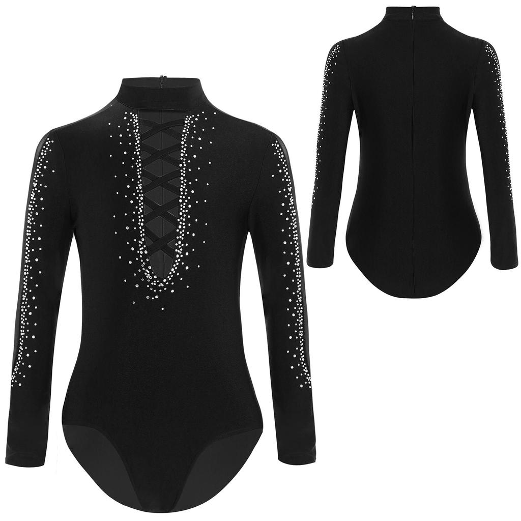 Комбинезон для латинских танцев с глубоким V-образным вырезом и длинным рукавом для фигурного катания, бальных танцев, танго, румбы, ча-ча-ча, танцевальная одежда