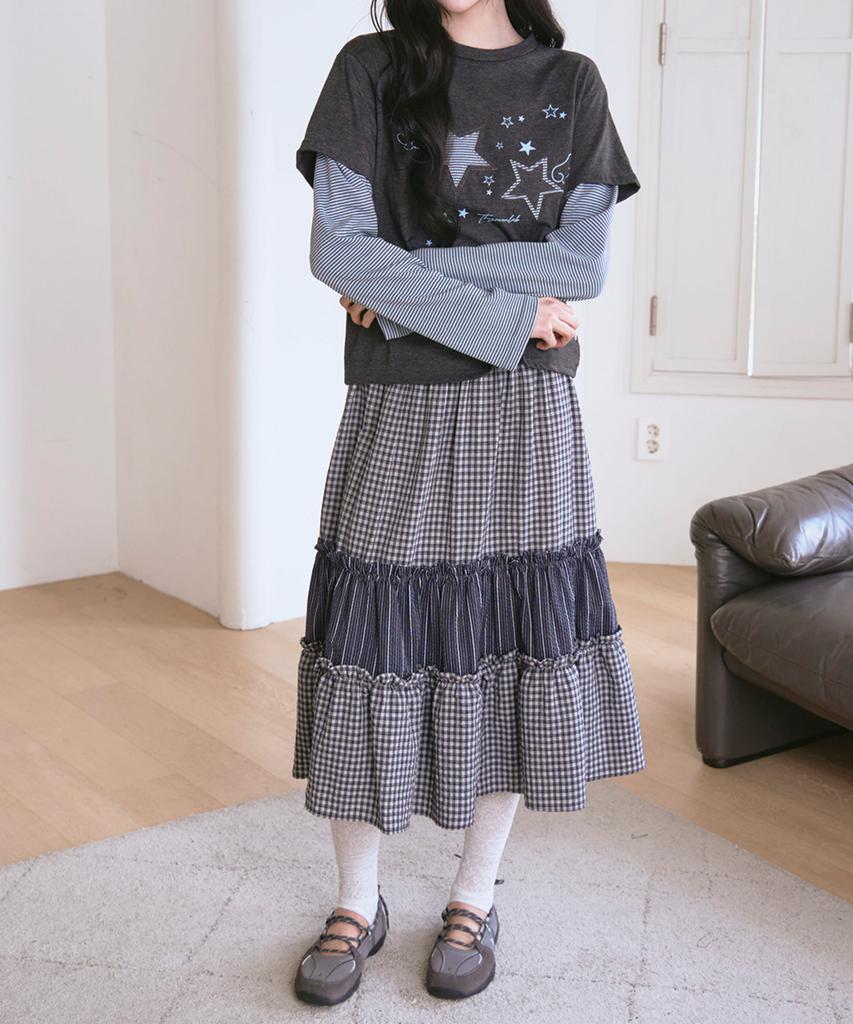 The Green Lab Vintage Tiered Check Skirt [Navy]