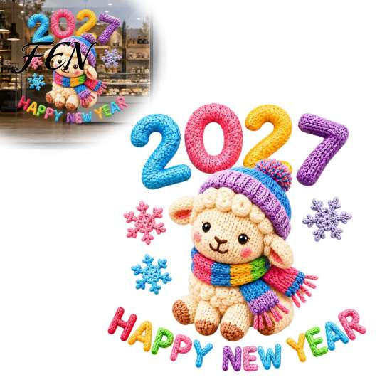 Winter Theme Window Decals Chinese New Year Stickers, 2027 Goat Static Clings, Reusable Removable Art Crochet Knit Lamb Decals, Decor for Home