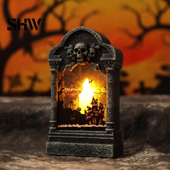 LED Atmosphere Light Tombstone Candle Lantern, Lighted Spooky Graveyard Table Lamp, Halloween Holiday Party Supplies Small Night for Haunted House Bar