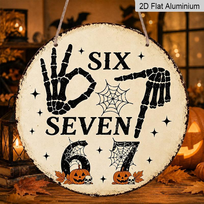 2D Flat 1pc, Decorative Plaques and Ornaments Sign, Halloween Round Aluminum Hanging Plaque with Six Seven Skeleton Hand Design, Vintage Gothic