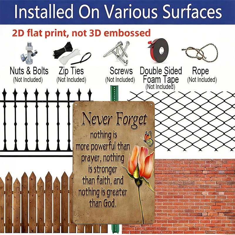 2D Flat, 1pc "Never Forget Prayer Faith God" Aluminium Metal Wall Decor Sign - 8"x12" Religious Inspirational Decor, Rose & Butterfly Wall Art