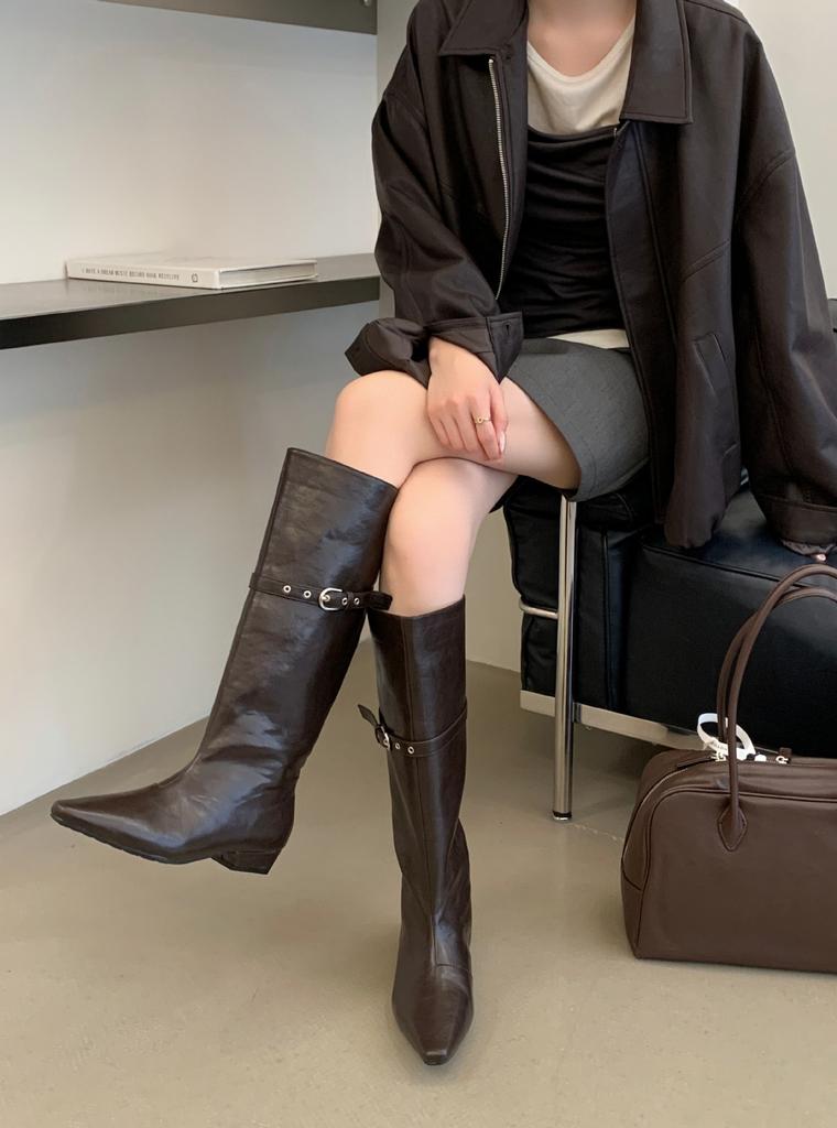 . British style fashion tall knight boots autumn and winter new pointed flat bottom inner height-increasing boots women