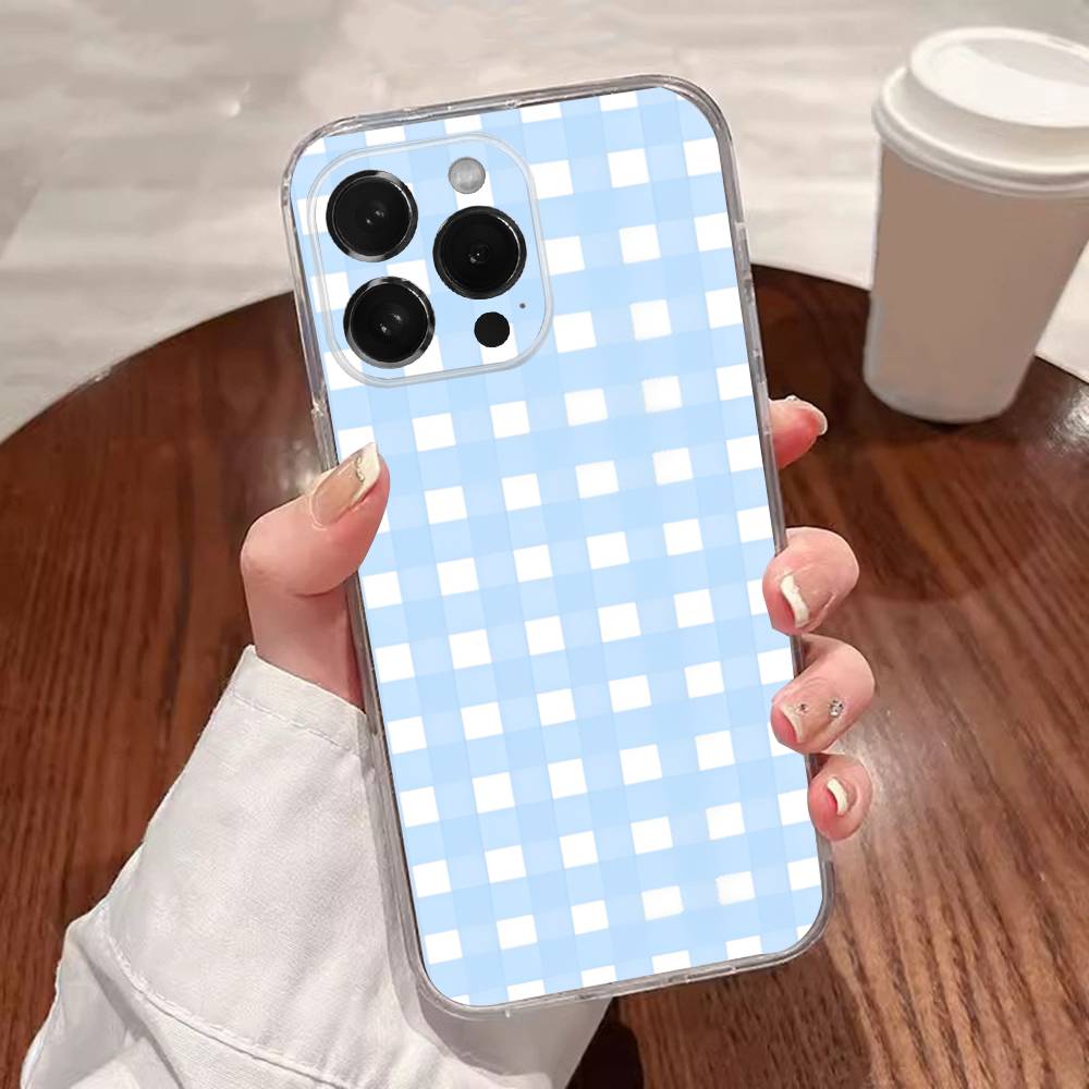 Ins Корейский Сине-белый Клетчатый Чехол для Телефона для iPhone 17,16,15,14,13,12,11 Plus,Pro,Max,XR,XS,Plus,E,SE4,Mini Прозрачная Крышка