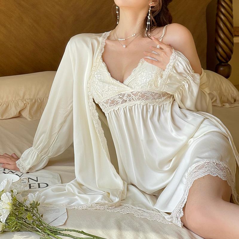 Женский комплект из 2 предметов: Халат и Ночная сорочка, Пижама, Сексуальный, С кружевной отделкой, Банный халат, Халат, Ночная сорочка, Летний, Последний, Свободный, Шелковый сатин, Домашняя одежда, Одежда для отдыха